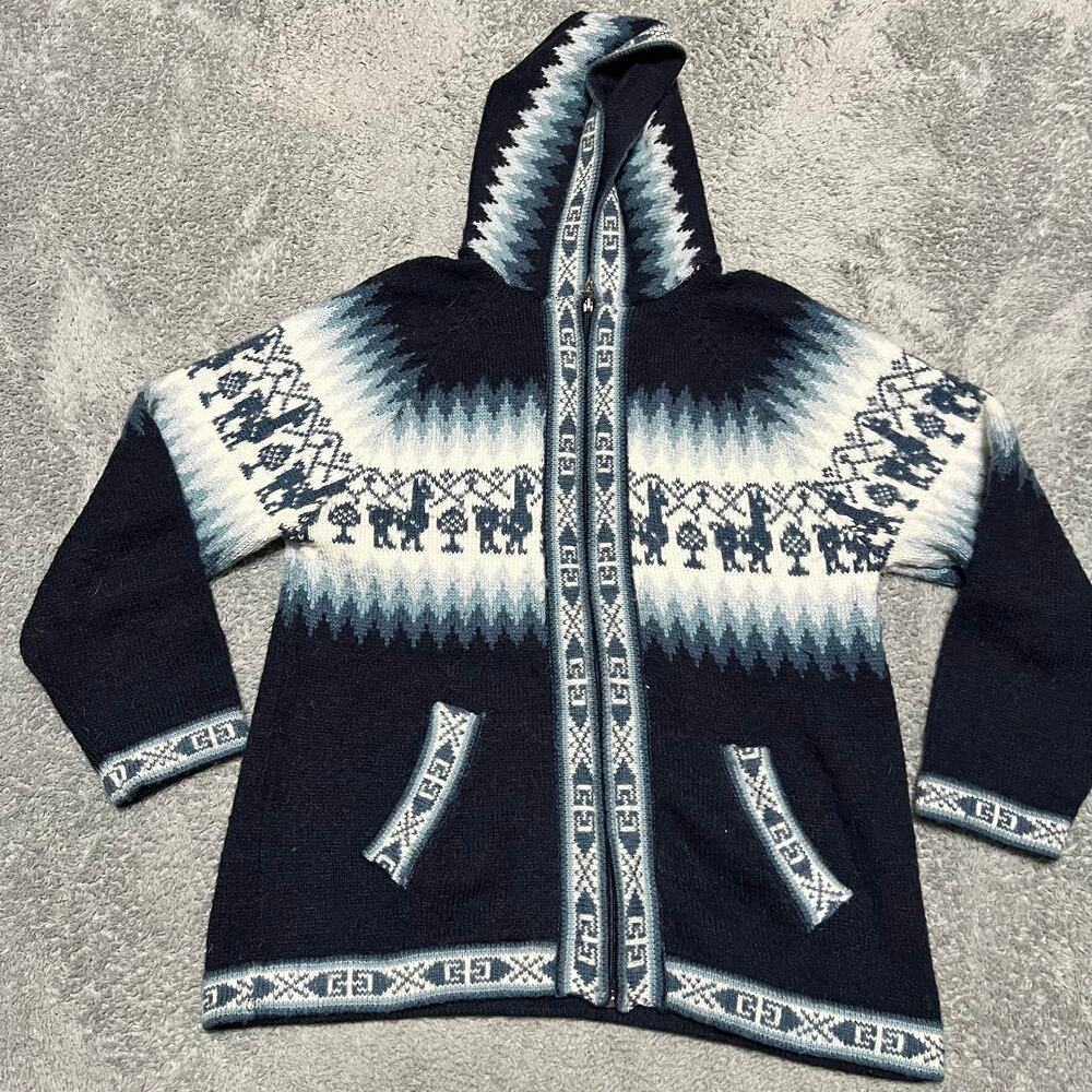 The Alpaca Connection Alpaca Hooded Sweater Womens Small Made in Peru Blue Aztec
